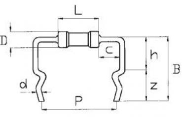 The image shows a technical drawing of a component with multiple dimensions. It has curved ends on both sides and a central connection. The dimensions are marked with letters and lines.
