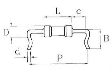The image displays a technical drawing of a component with various dimensions. It features a cylindrical center with two lateral arms that are bent downwards.