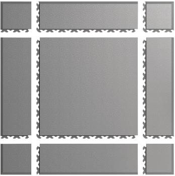 The image displays an arrangement of gray tiles in various sizes. The tiles feature interlocking edges and are symmetrically arranged, with a larger tile in the center.