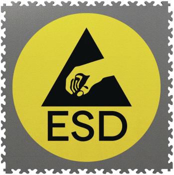 The image displays a yellow, round symbol featuring a black triangle and a hand holding an object. Below it, the letters "ESD" indicate electrostatic discharge.