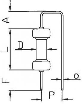 The image displays a technical drawing of a component, likely a fuse. Various dimension lines (A, D, F, L, P, d) are marked, indicating the dimensions of the component.