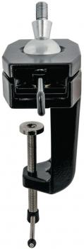 The image shows a sturdy clamp. It has a square base with a swivel head and a long, curved bracket used for fastening. Metallic and stable.