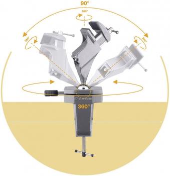 The image shows a flexible mounting system with multiple movable parts that can rotate around a central axis. It allows for 90° and 360° rotations and stability through a screw mechanism.