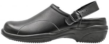 The image shows a black leather clog shoe. It has a closed front, an open heel, and an adjustable strap. The sole is thick and slip-resistant.