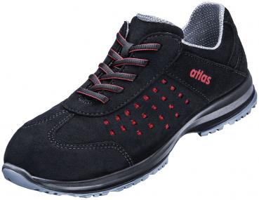 The shoe is black with red accents and made of soft material. It has a non-slip sole, vertical laces, and small holes for better ventilation.
