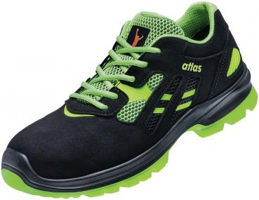 The shoe is black with green accents. It has a sporty shape, breathable material, and a non-slip, green sole. The laces are also green.
