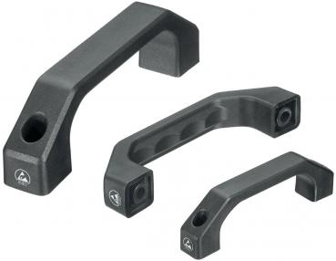 The image shows three black handles in different sizes and shapes. They are made of sturdy material and each has a bracket at one end.