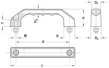 The image shows a technical drawing of a handle. It has a curved shape, with bolts for attachment. Dimensions such as height, width, and diameter are indicated.