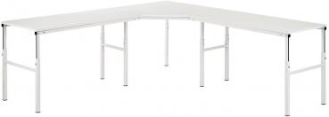 The image shows an L-shaped table. The tabletop is white and the legs are made of shiny metal. The table has a simple, modern shape and is sturdy.