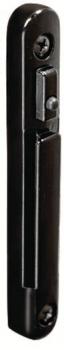 The image shows a long, narrow, black object that resembles a door handle or a hardware part. It has a smooth surface with two visible screws.