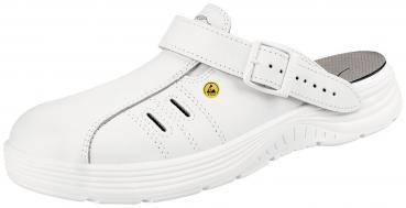 Das Bild zeigt einen weißen Clog-Schuh. Er hat eine offene Rückseite, eine breitere Zehenpartie, mehrere Belüftungslöcher und einen verstellbaren Riemen an der Oberseite.