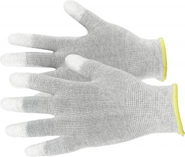 Das Bild zeigt ein Paar graue Schutzhandschuhe. Die Handschuhe sind aus einem feinen Netzmaterial und haben gelbe Bündchen. Die Fingerspitzen sind weiß gefärbt. Sie sind für vielseitige Anwendungen gedacht.