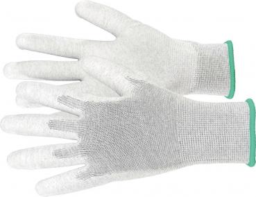 Auf dem Bild sind zwei Handschuhe abgebildet. Sie sind grau mit einer feinen Maschenstruktur und haben grüne Bündchen. Die Handschuhe sind für Schutz und Grip konzipiert.