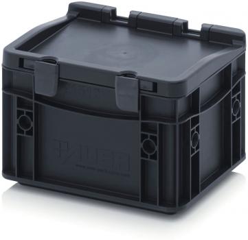 The image shows a black, square plastic box. It has a flat lid, two clasps on the front, and textured sides for stability.