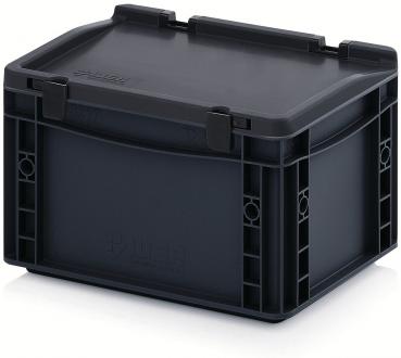 It is a black plastic box with a flat lid. The box has side handles and two clasps on the top that secure the lid. It is rectangular and sturdy.