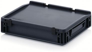 The image shows a black, flat transport box. It has a sturdy lid with plain corners and a handle on the side. The surface is smooth and unobtrusive.
