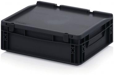 The image shows a square, black plastic box with a flat lid. Handles and connection points are visible on the sides. The box has rounded corners and is sturdy.