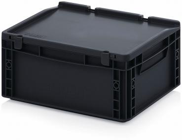 The image shows a black, rectangular plastic box with a flat lid. It has side handles and is sturdily constructed, ideal for storage or transportation.