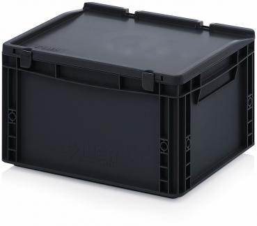 The image displays a black, rectangular plastic box with a flat lid. It has side handles and a sturdy, clear shape, ideal for storing items.