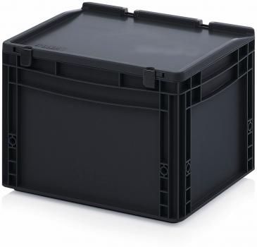 In the picture is a black, square plastic box with a flat lid. It has side walls with engraved patterns and handles on the sides for carrying.