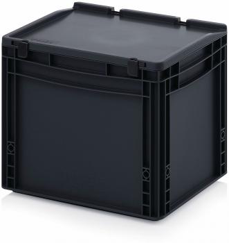 This is a square, black plastic box with a flat lid. The edges are slightly rounded, and the top has two small handles. It appears sturdy and functional.
