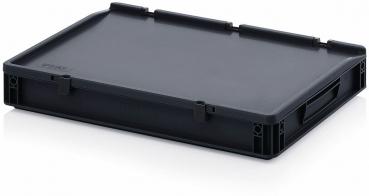 The image shows a flat, rectangular box made of black plastic. It has a smooth surface and is slightly reinforced at the corners. There are two grip-friendly recesses on the sides.