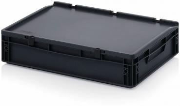 It is a rectangular, flat container in black. It has two handles on the sides and a textured surface. Ideal for storage or transportation of items.