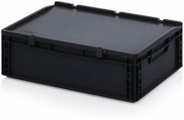 The image shows a rectangular, flat box made of black plastic with a simple, smooth lid. There are practical handles on the sides for carrying.