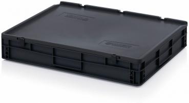 The image shows a square, flat plastic box in black. It has sturdy side walls and is slightly angled, ideal for stacking or transporting items.