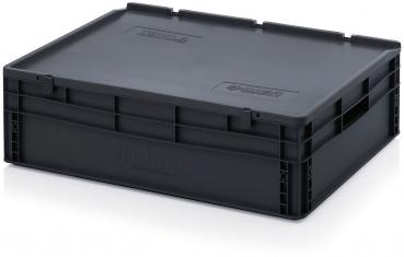 The image displays a rectangular, black plastic box with a flat, sturdy lid. The sides are smooth, featuring air intake holes and a robust design suitable for stacking.