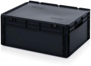 The image displays a black, rectangular plastic box with a sturdy lid. The box has slightly flared sides and the corners are rounded. It appears durable and functional.