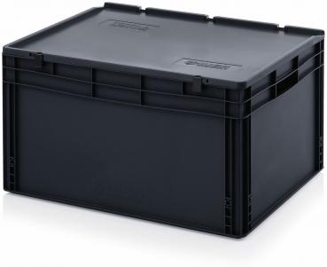 The image shows a simple, rectangular, black plastic box with a padded lid. It has solid walls and a sturdy bottom, ideal for storing and transporting items.