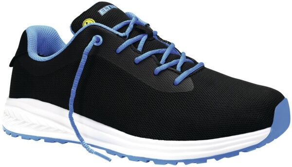 The shoe is a black athletic shoe with a breathable fabric upper and a white sole. The laces are black, and there is a grippy rubber sole.