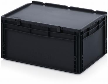 The image shows a black, rectangular plastic box with sturdy walls and a flat lid. It features a practical and robust design, ideal for storage.