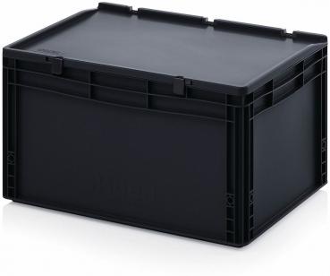 The image shows a black plastic box. It has a rectangular shape with sturdy side walls and a flat lid. The box appears robust and has side handles.