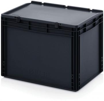It is a black plastic box with a closed design. It has a rectangular shape, sturdy walls, and handles on the sides for easy transport.