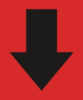 The image displays a large, black downward-pointing arrow on a red background. The arrow is designed to be simple and striking.