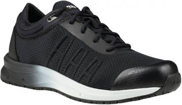 Der Schuh ist schwarz mit roten Akzenten. Er hat ein leichtes, atmungsaktives Obermaterial und eine griffige Sohle. Ein spezielles Verschlusssystem sorgt für eine bequeme Passform.