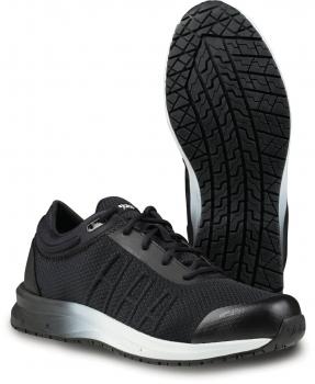 Das Bild zeigt ein Paar schwarze Sportschuhe mit einer rutschfesten Sohle. Die Schuhe haben ein atmungsaktives Obermaterial und eine verstärkte Zehenkappe für zusätzlichen Schutz.
