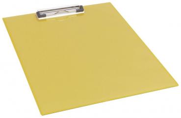 The image shows a yellow clipboard. It has a smooth, rectangular shape with a metallic clip at the top to secure paper. The surface is solid-colored and glossy.