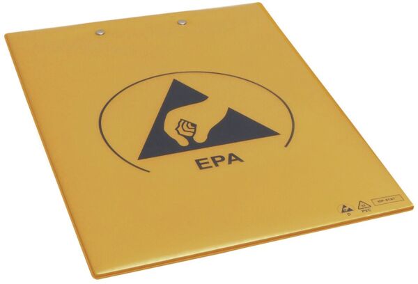 The image shows a yellow, rectangular plate with a black symbol. In the center is a black triangle and a raised fist, below it reads "EPA".