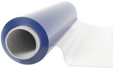 The image shows a roll of transparent film. The film is light and shiny, while the roll core and the edge are dark blue. A piece of the film extends from the roll core.