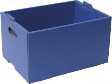 The image shows a rectangular, blue cardboard storage box. It has two side grip holes and is open at the top for easy placement of items.