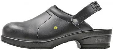 The image shows a black leather clog with a narrow, padded strap at the back. The sole is sturdy and slip-resistant, ideal for everyday use or the workplace.