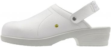 The image shows a white clog with a closed toe area and an adjustable strap at the heel. The sole is slightly elevated and has a grippy pattern.