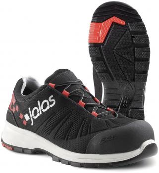 The shoe is black with red accents. It has a modern design, a padded sole, and a grippy rubber sole. The front area is reinforced for added protection.