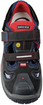 The image shows a black sports shoe with blue and red accents. It features two wide Velcro straps, a textured sole, and a breathable construction.