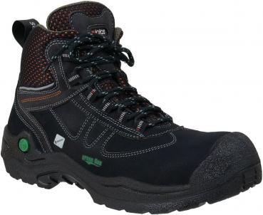 Das Bild zeigt einen schwarzen, knöchelhohen Wanderschuh mit orangefarbenen Akzenten. Er hat eine grobe Sohle und verstärkte Zehenkappe, ideal für unwegsames Gelände. Die Schnürsenkel sind schwarz.