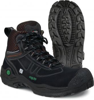 The image shows a black hiking boot with orange accents. The shoe features a high-top design for ankle protection, sturdy laces, and a grippy, textured sole.