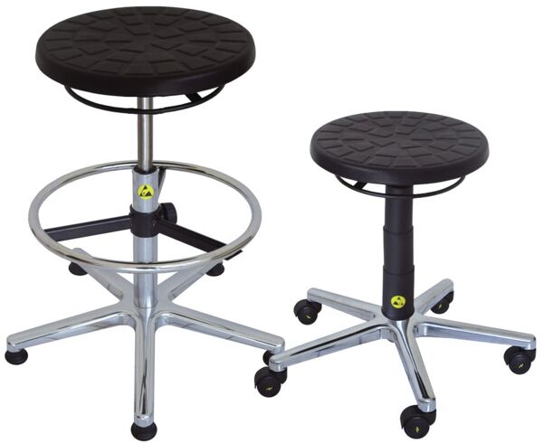The stool has a round, black, rubberized seat with a textured pattern. It features a height-adjustable, black supportive column and a chrome-plated, five-spoke base with casters.